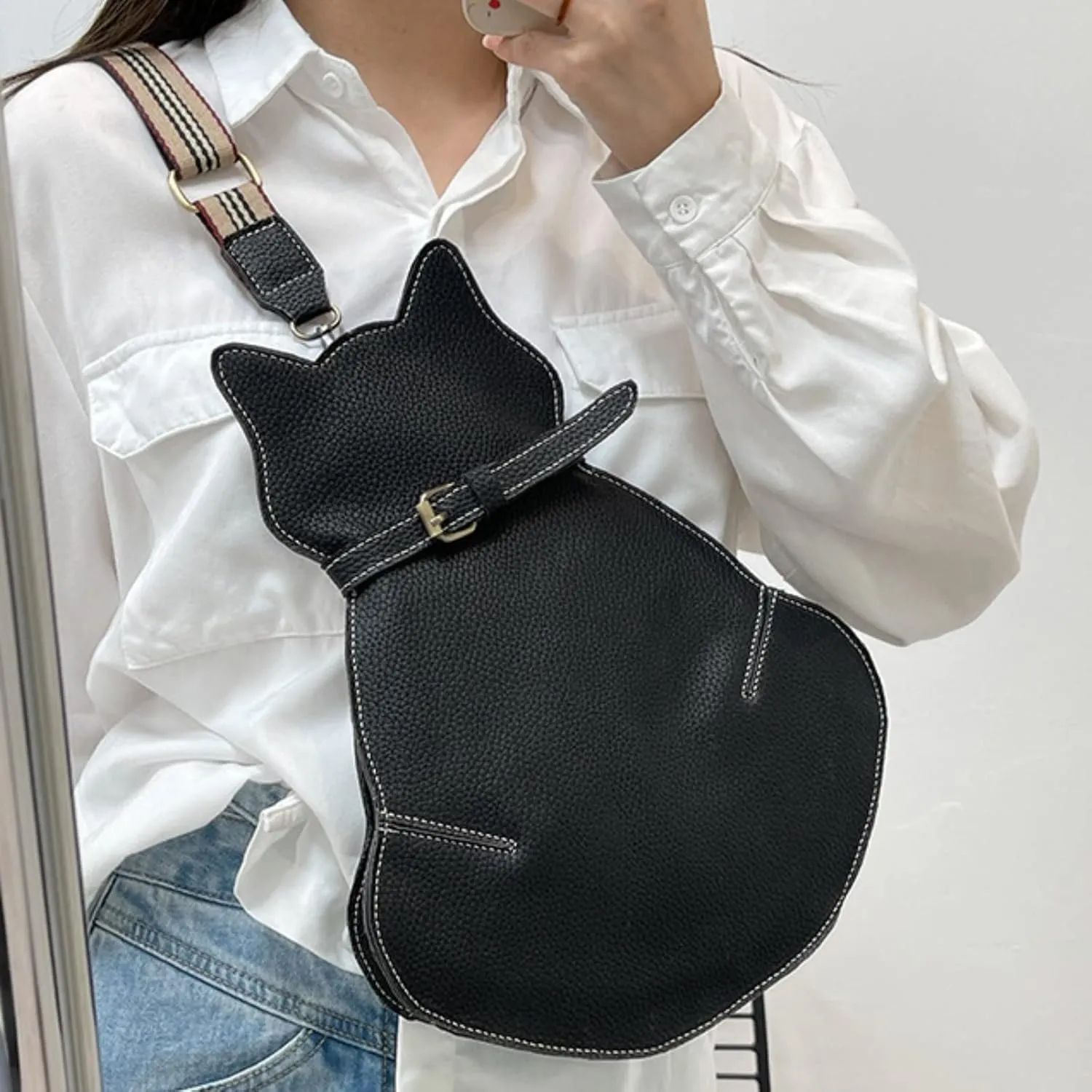 Cute Cat Bags New Personality One Shoulder Messenger Bags Fashion Chest Bag Geographic Messenger Bag (Black, One Size)