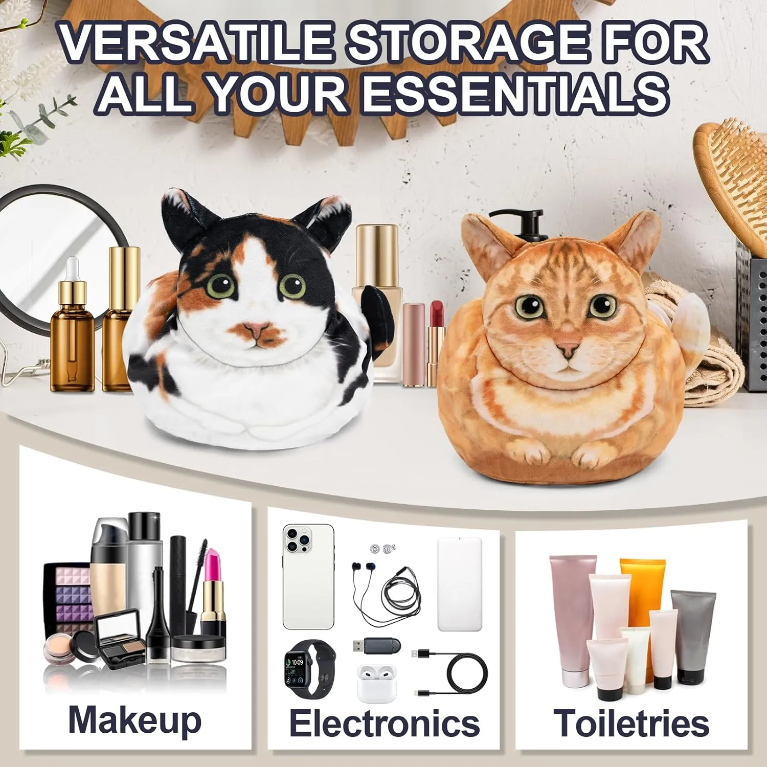 Cute Cat Change Purse, Kitty Coin Wallet, Makeup Bag Organizer (Calico Cat)