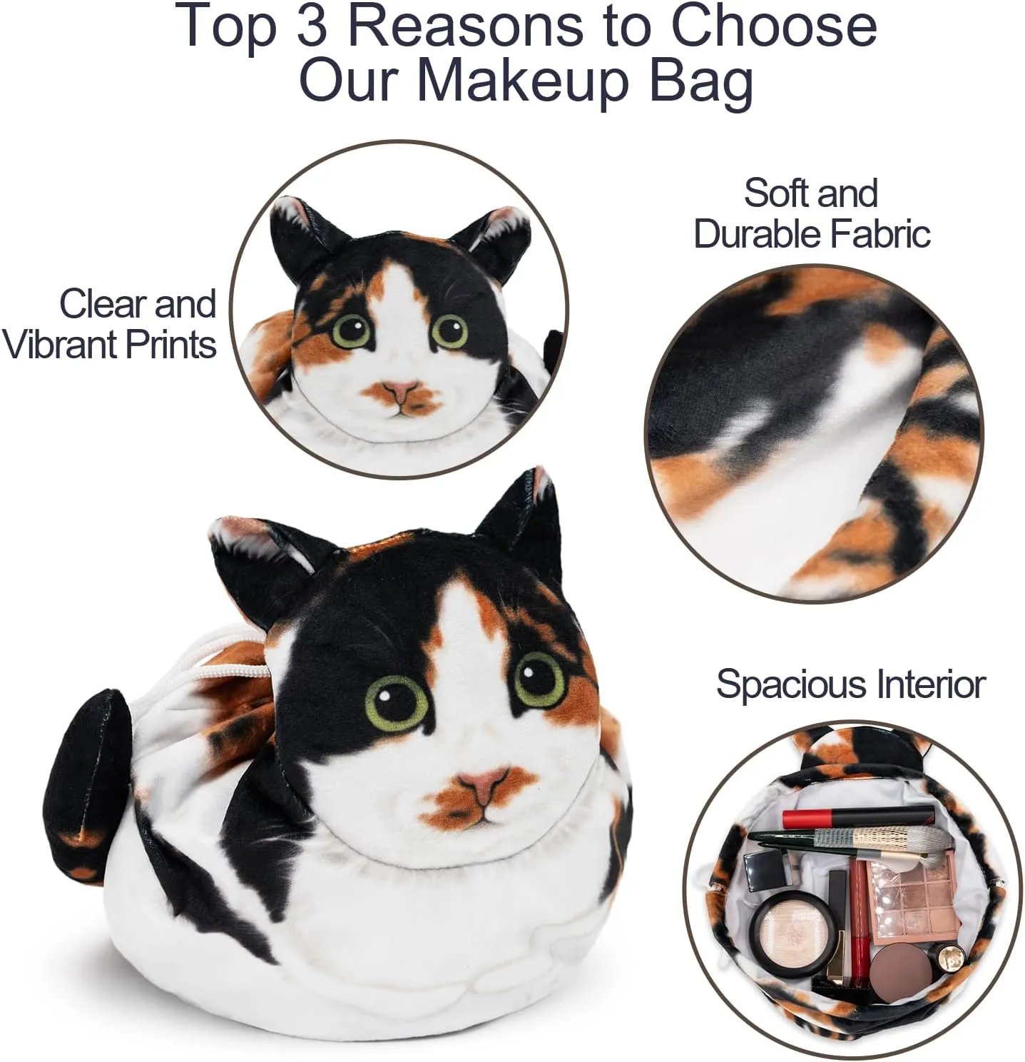 Cute Cat Change Purse, Kitty Coin Wallet, Makeup Bag Organizer (Calico Cat)