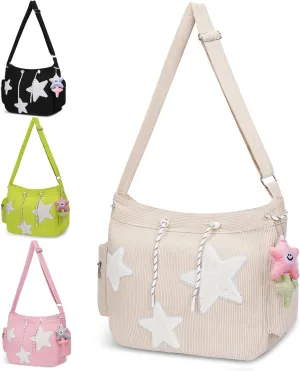 Cute Tote Bag for Women, Aesthetic Canvas Crossbody Bag Y2k Star Hobo Shoulder Purse Kawaii Zipper Messenger Bag