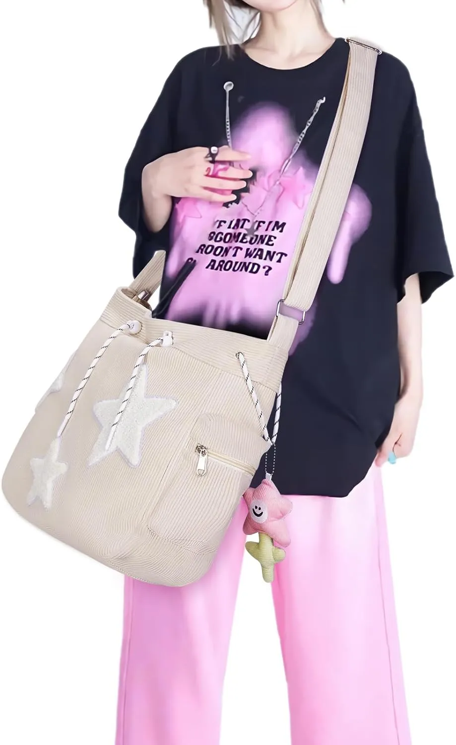 Cute Tote Bag for Women, Aesthetic Canvas Crossbody Bag Y2k Star Hobo Shoulder Purse Kawaii Zipper Messenger Bag