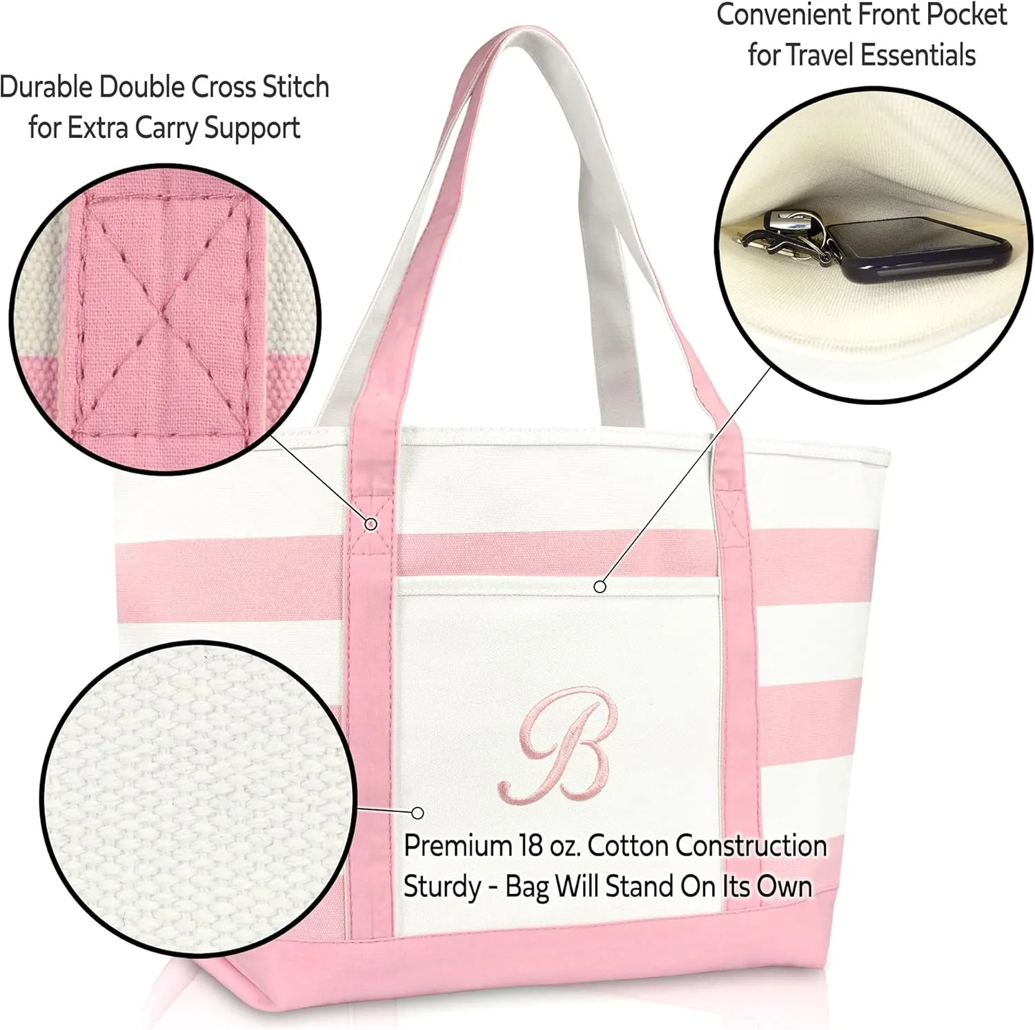 DALIX Striped Beach Bag Tote Bags Satchel Personalized Pink Ballent Letter A - Z