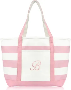 DALIX Striped Beach Bag Tote Bags Satchel Personalized Pink Ballent Letter A - Z
