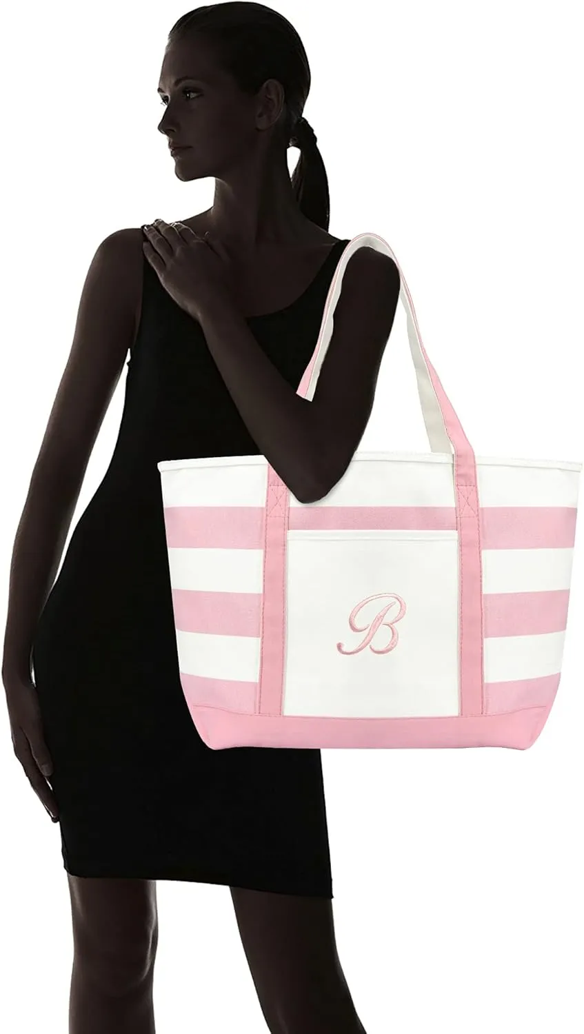 DALIX Striped Beach Bag Tote Bags Satchel Personalized Pink Ballent Letter A - Z