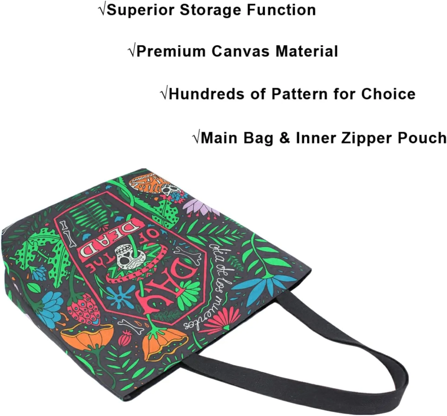 Day Of The Dead Sugar Skull Cat Flowers Extra Large Canvas Shoulder Tote Storage Top Handle Bag for Gym Weekender Beach Travel Reusable Grocery Shopping