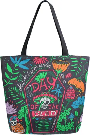 Day Of The Dead Sugar Skull Cat Flowers Extra Large Canvas Shoulder Tote Storage Top Handle Bag for Gym Weekender Beach Travel Reusable Grocery Shopping