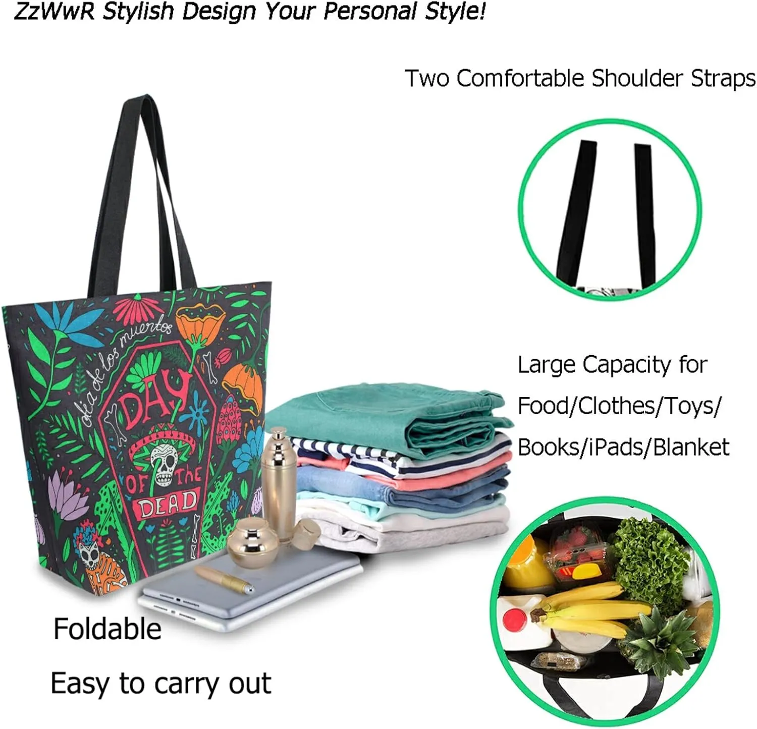 Day Of The Dead Sugar Skull Cat Flowers Extra Large Canvas Shoulder Tote Storage Top Handle Bag for Gym Weekender Beach Travel Reusable Grocery Shopping