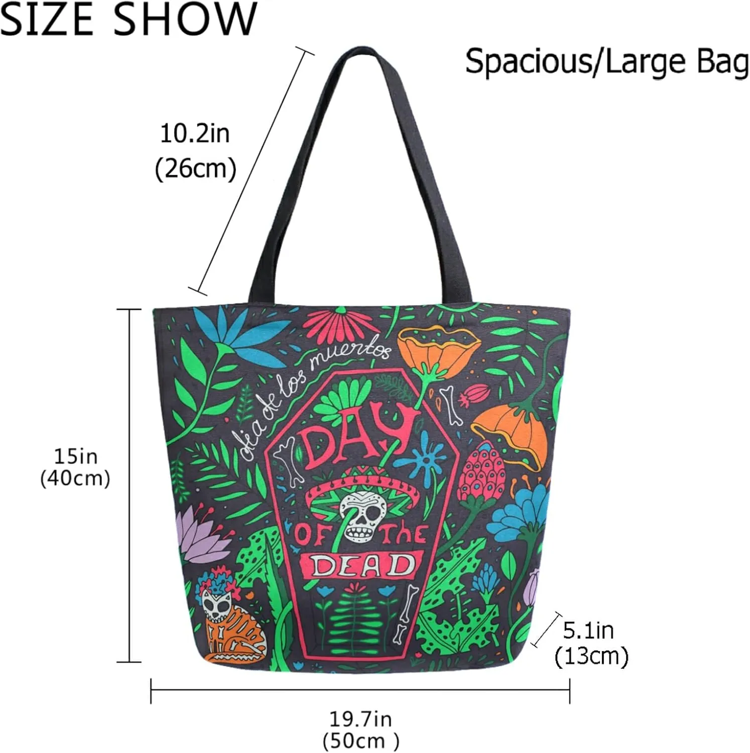 Day Of The Dead Sugar Skull Cat Flowers Extra Large Canvas Shoulder Tote Storage Top Handle Bag for Gym Weekender Beach Travel Reusable Grocery Shopping