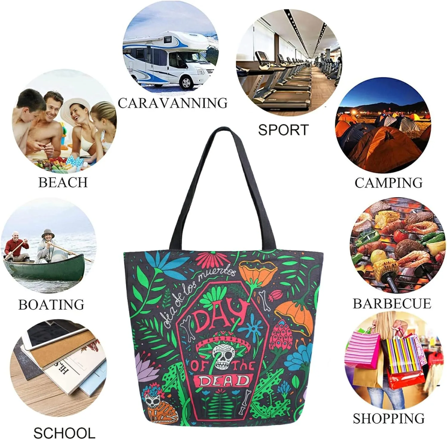 Day Of The Dead Sugar Skull Cat Flowers Extra Large Canvas Shoulder Tote Storage Top Handle Bag for Gym Weekender Beach Travel Reusable Grocery Shopping