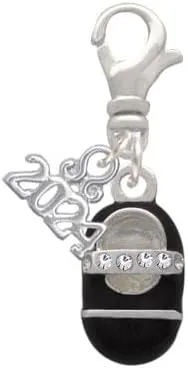 Delight Jewelry Silvertone Baby Shoe with Crystal Strap - Clip on Charm with Year 2024
