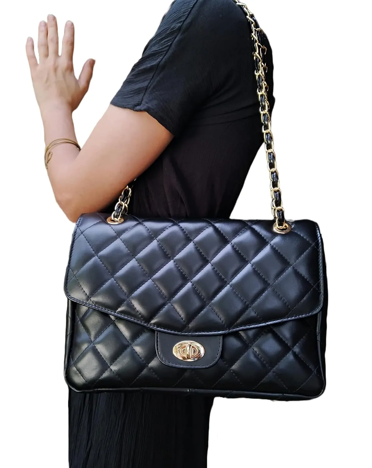 DIAMONDS ARE ETERNAL Alternative Max Genuine Leather Shoulder Bag, Leather Lining Double Flap Bag, Convertible Elegant Women Crossbody Bag (Black)