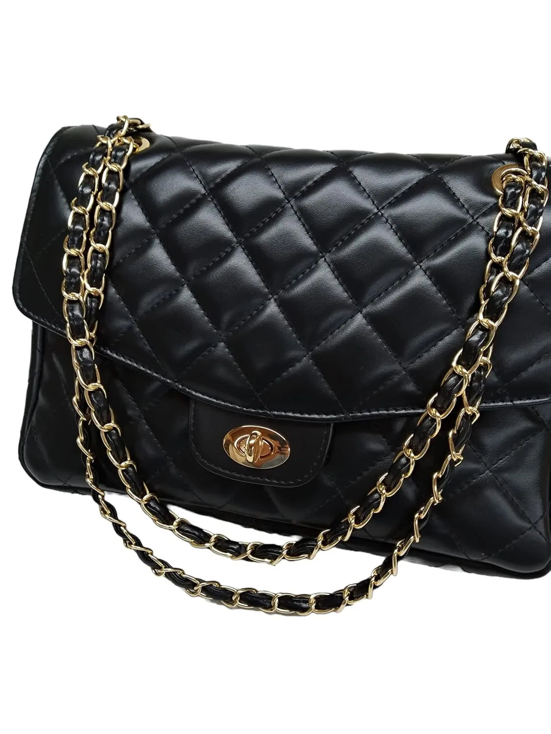 DIAMONDS ARE ETERNAL Alternative Max Genuine Leather Shoulder Bag, Leather Lining Double Flap Bag, Convertible Elegant Women Crossbody Bag (Black)