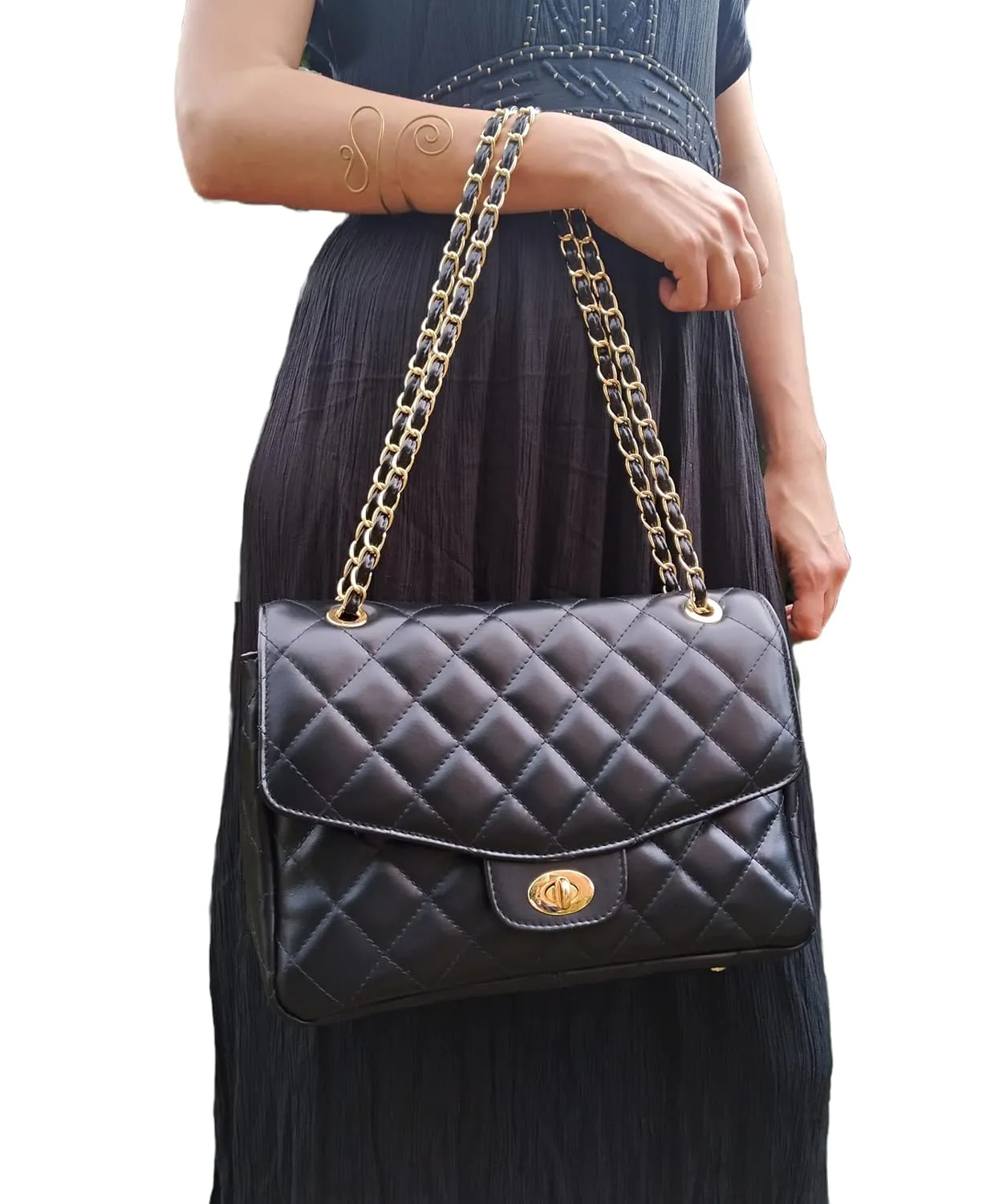 DIAMONDS ARE ETERNAL Alternative Max Genuine Leather Shoulder Bag, Leather Lining Double Flap Bag, Convertible Elegant Women Crossbody Bag (Black)