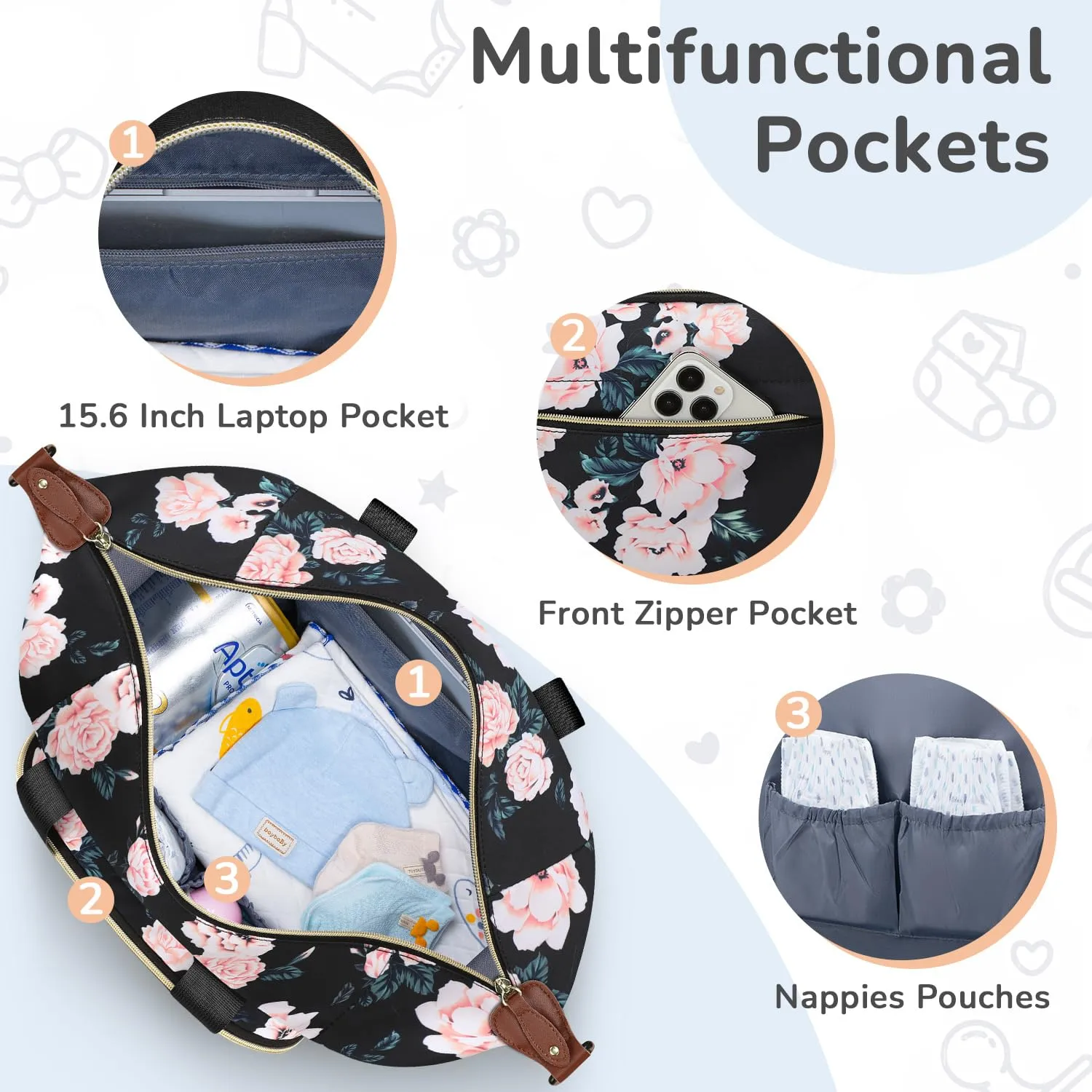 Diaper Bag Tote, Baby Bag Travel Diaper Tote Bag with Pacifier Case, Cute Maternity Hospital Baby Stylish Diaper Tote for Mom Dad Black Pink Floral