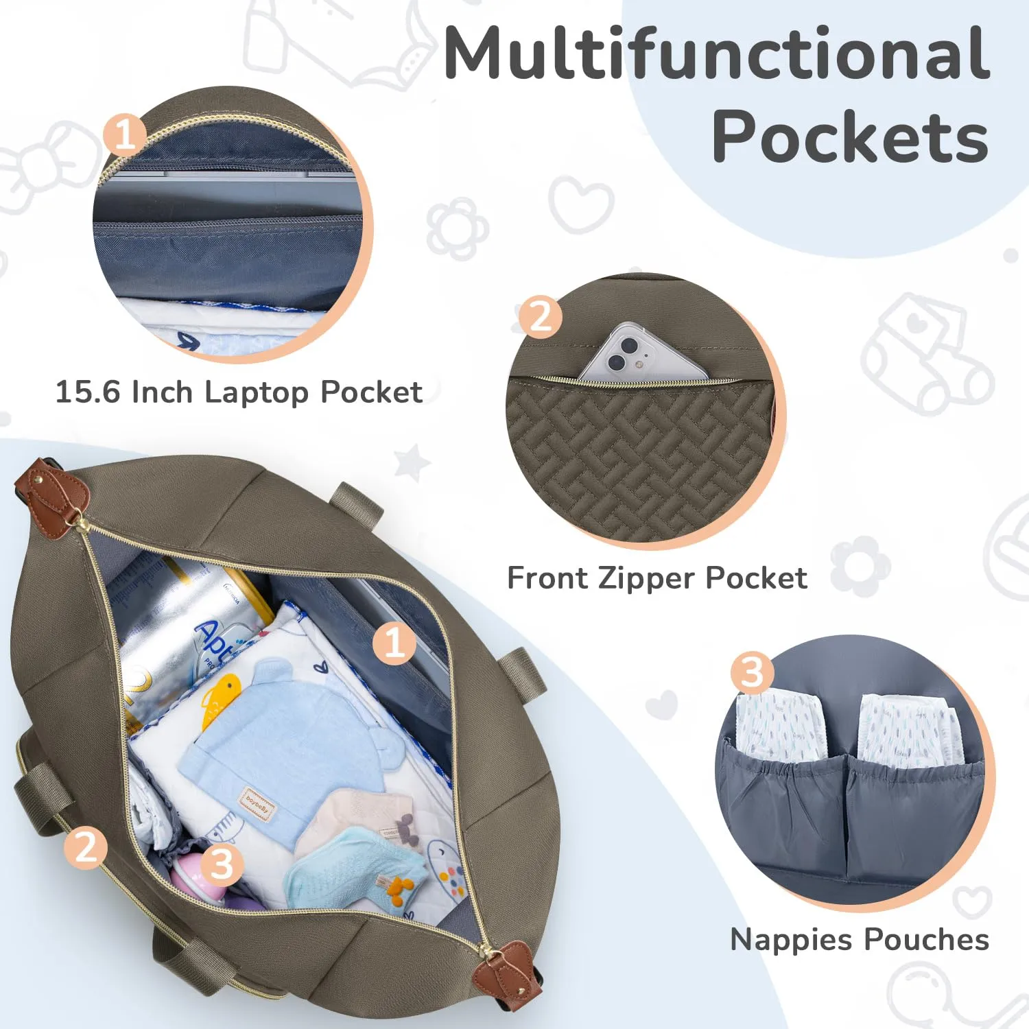 Diaper Bag Tote, Baby Bag Travel Diaper Tote Bag with Pacifier Case, Cute Maternity Hospital Baby Stylish Diaper Tote for Mom Dad Khaki
