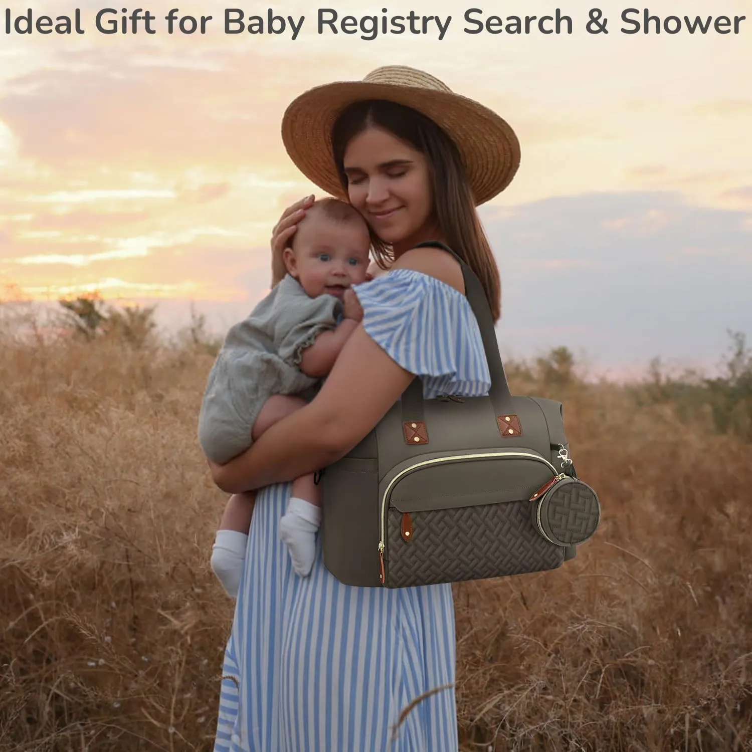 Diaper Bag Tote, Baby Bag Travel Diaper Tote Bag with Pacifier Case, Cute Maternity Hospital Baby Stylish Diaper Tote for Mom Dad Khaki