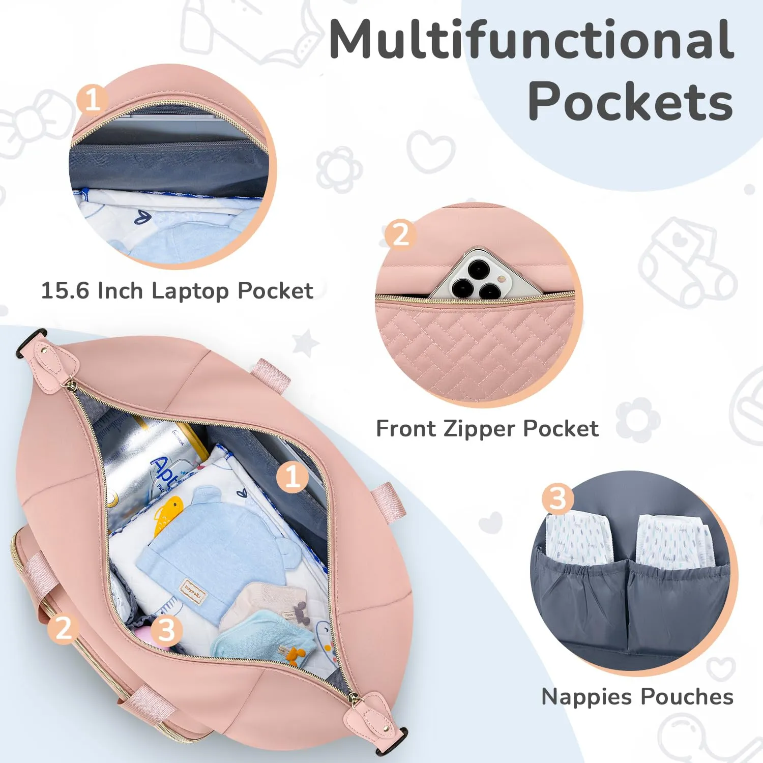 Diaper Bag Tote, Baby Bag Travel Diaper Tote Bag with Pacifier Case, Cute Maternity Hospital Baby Stylish Diaper Tote for Mom Dad Pink