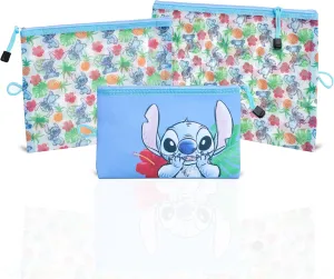 Disney Stitch Makeup Bag 3-Pack Official License, Zipper Pouch Set of 3 in Different Sizes, Travel Cosmetic Bag