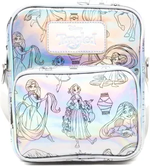 Disney Vegan Leather Crossbody Backpack with Adjustable Strap, Tangled Rapunzel Poses Iridescent Holographic