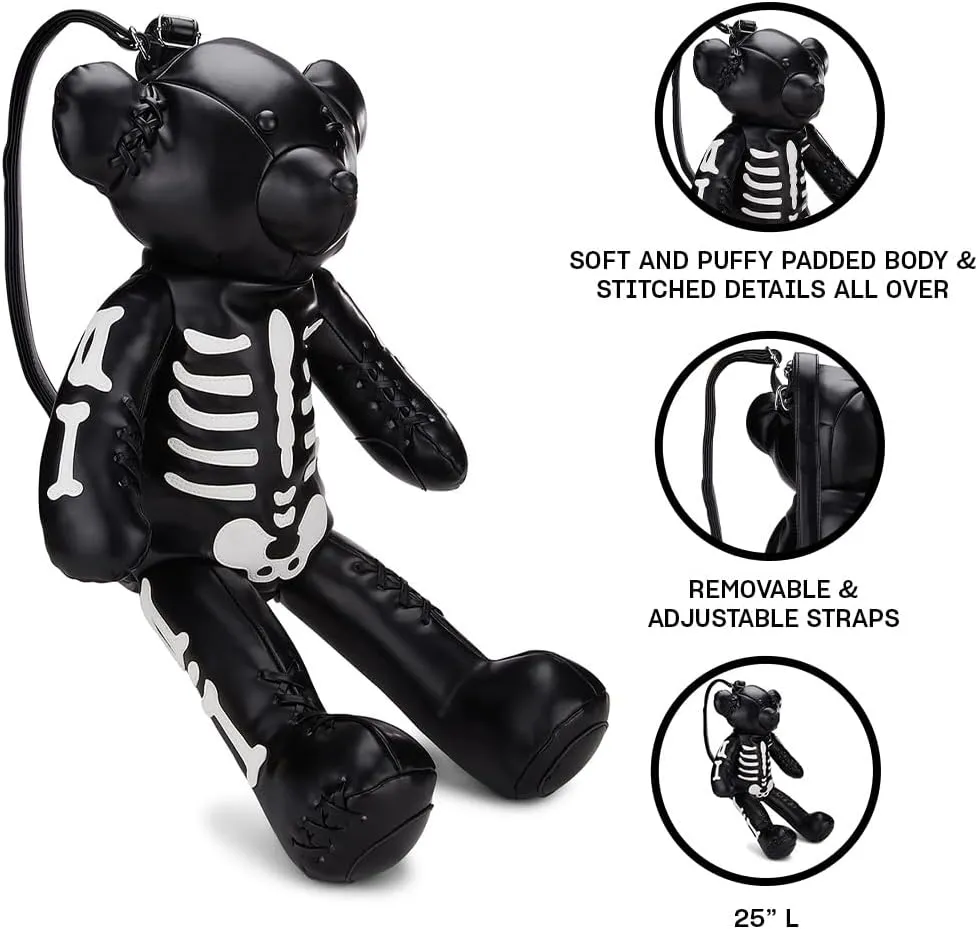Dolls Kill Deady Teddy Backpack - Skeleton Appliqués, Vegan Leather, Black