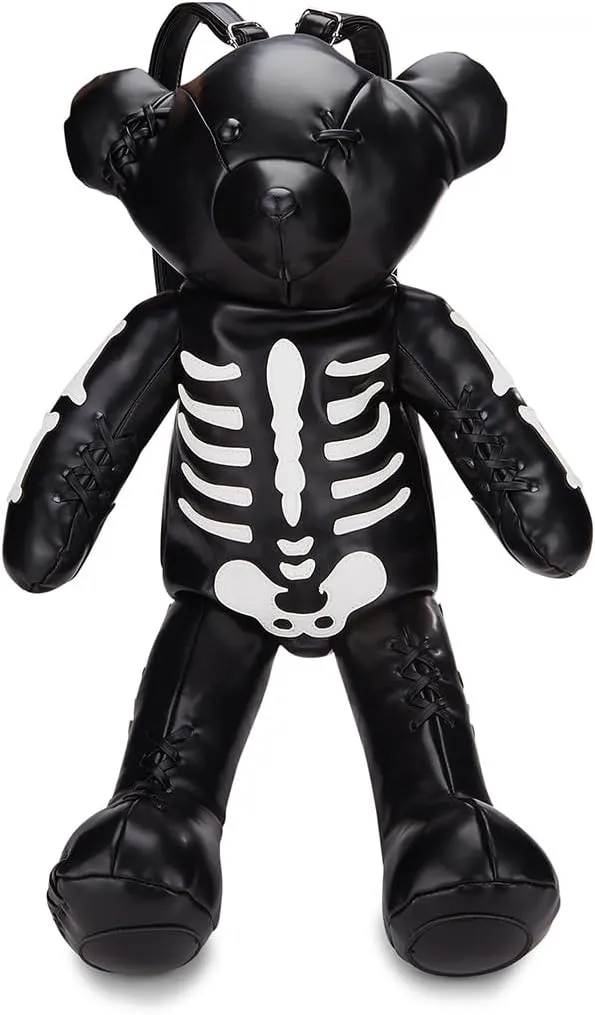 Dolls Kill Deady Teddy Backpack - Skeleton Appliqués, Vegan Leather, Black