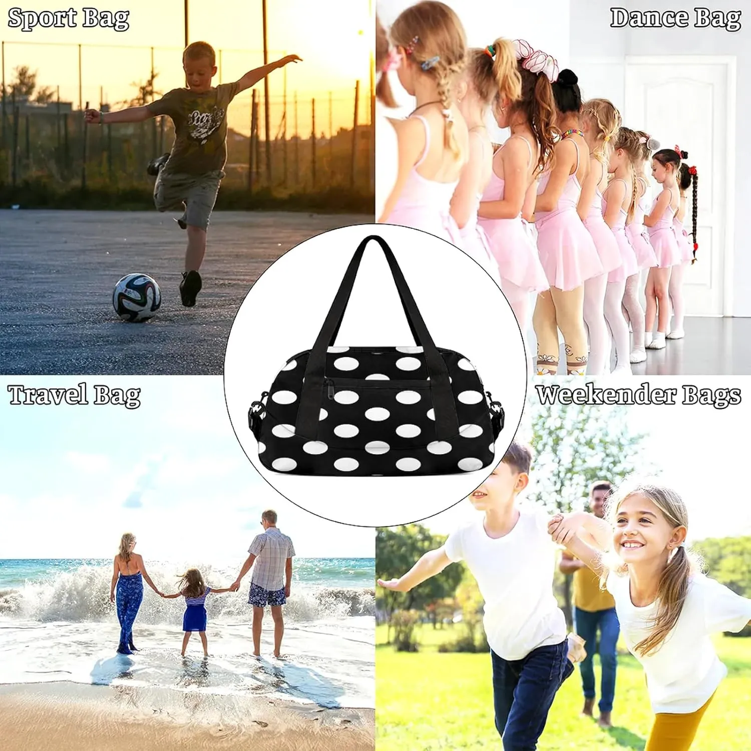 Dots Pattern Kids Duffel Bag Lightweight Waterproof Sports Gym Bag with Front Zipper Pocket Foldable Weekender Overnight Bag for School Practice Gymnastic Ballet