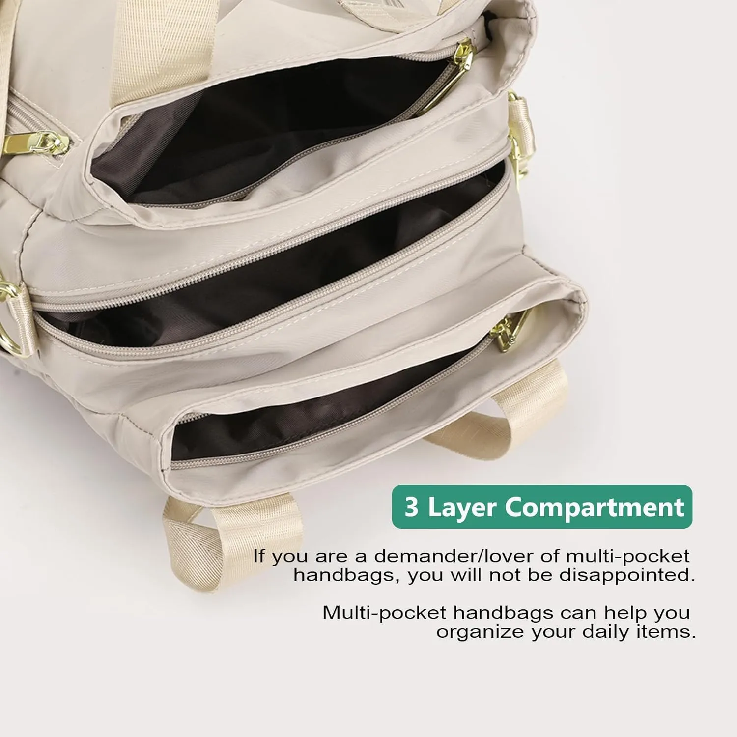 DOURR Light 3 Compartments Crossbody Bags for Women Triple Zip Top Handle Handbag Multi-pocket Nylon Satchel