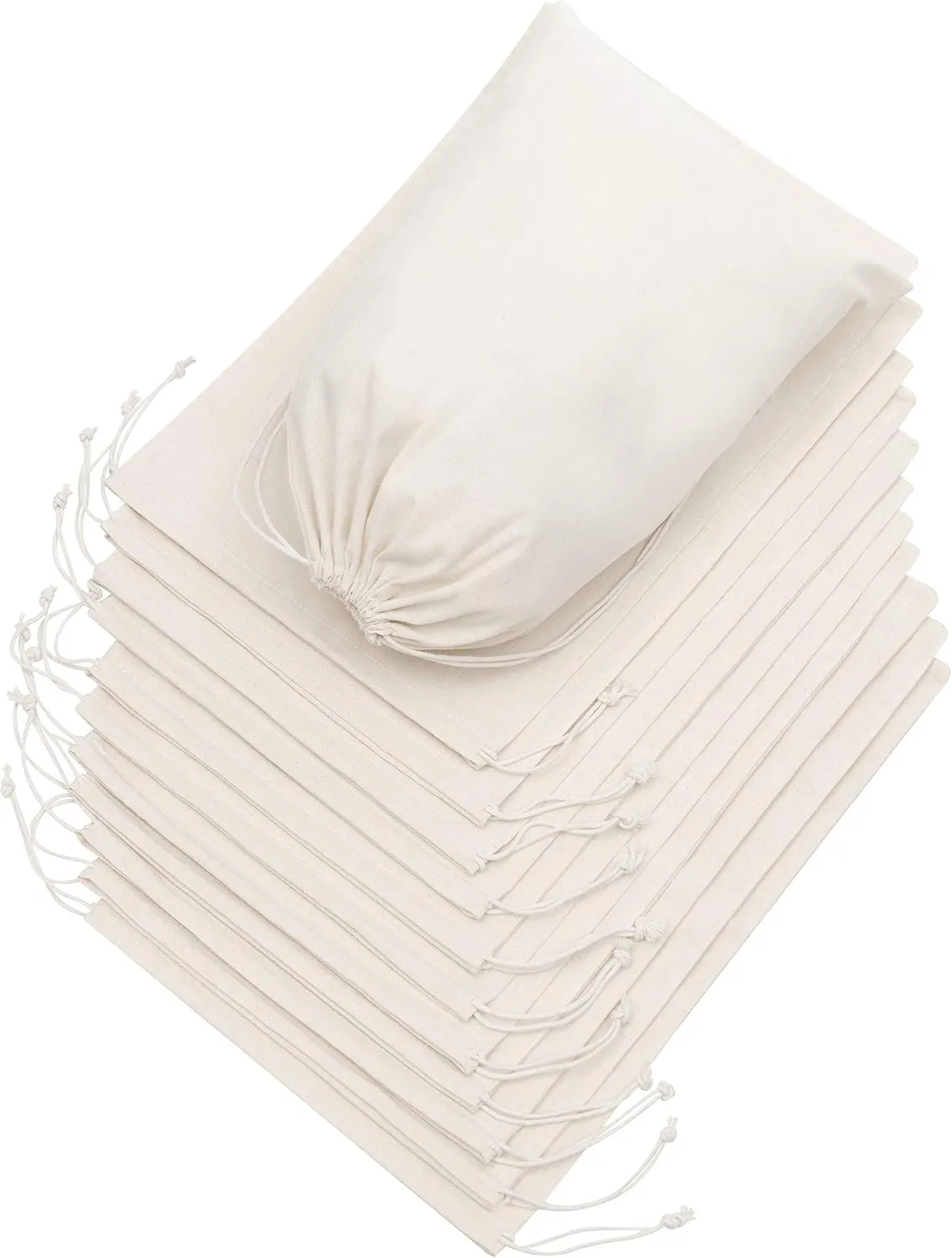 DR 100 Percent Cotton 10x15 Muslin Drawstring Bags for Clothes Storage Pantry (10 x 15 inch - 12 pack, Beige)