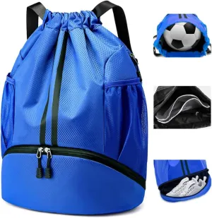 Drawstring Backpack Gym Bag for Men, String Bags Sports Cinch Sackpack with Shoe Compartment and Water Resistant Wet Pocket Large Gym Sack for Fitness Swim Basketball Soccer Beach (Blue)
