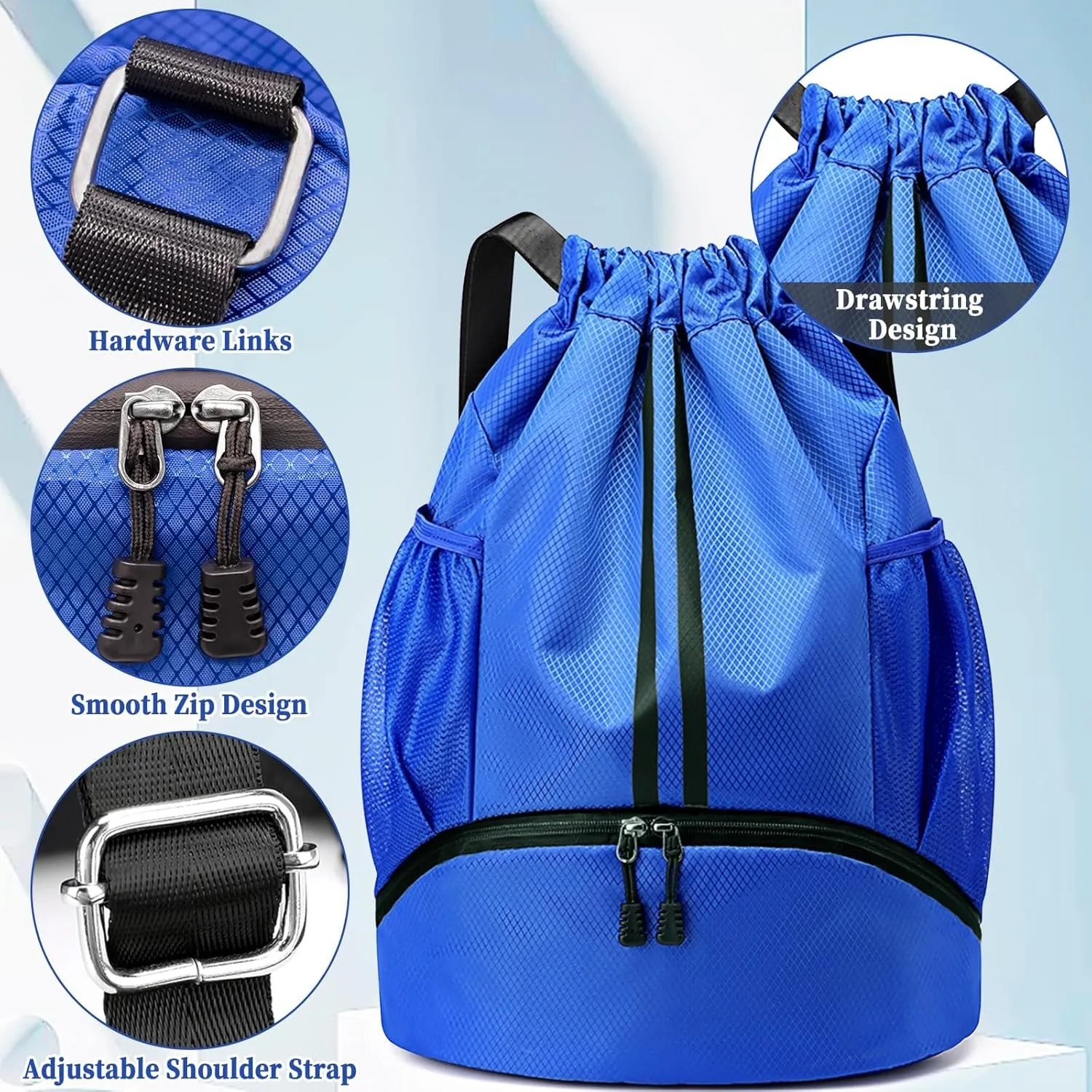 Drawstring Backpack Gym Bag for Men, String Bags Sports Cinch Sackpack with Shoe Compartment and Water Resistant Wet Pocket Large Gym Sack for Fitness Swim Basketball Soccer Beach (Blue)