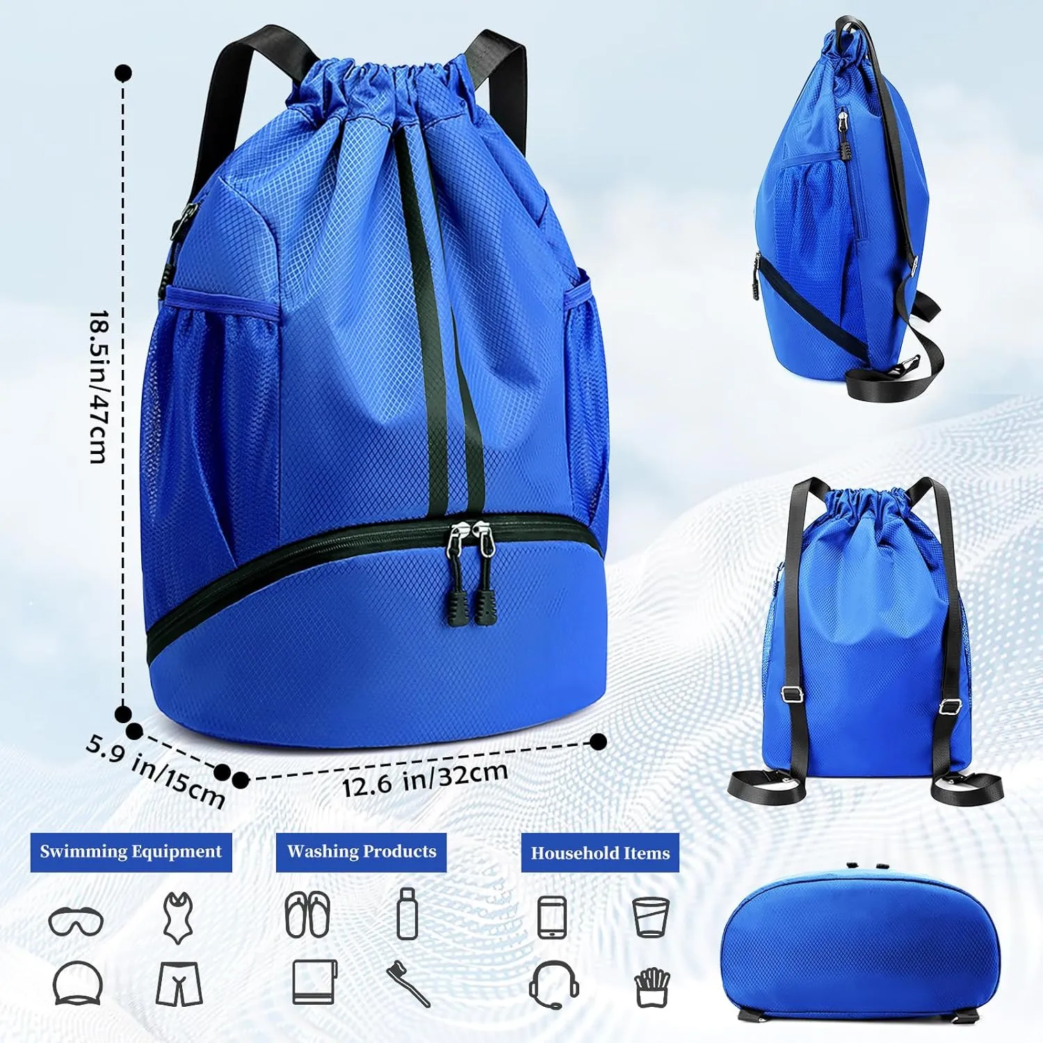 Drawstring Backpack Gym Bag for Men, String Bags Sports Cinch Sackpack with Shoe Compartment and Water Resistant Wet Pocket Large Gym Sack for Fitness Swim Basketball Soccer Beach (Blue)