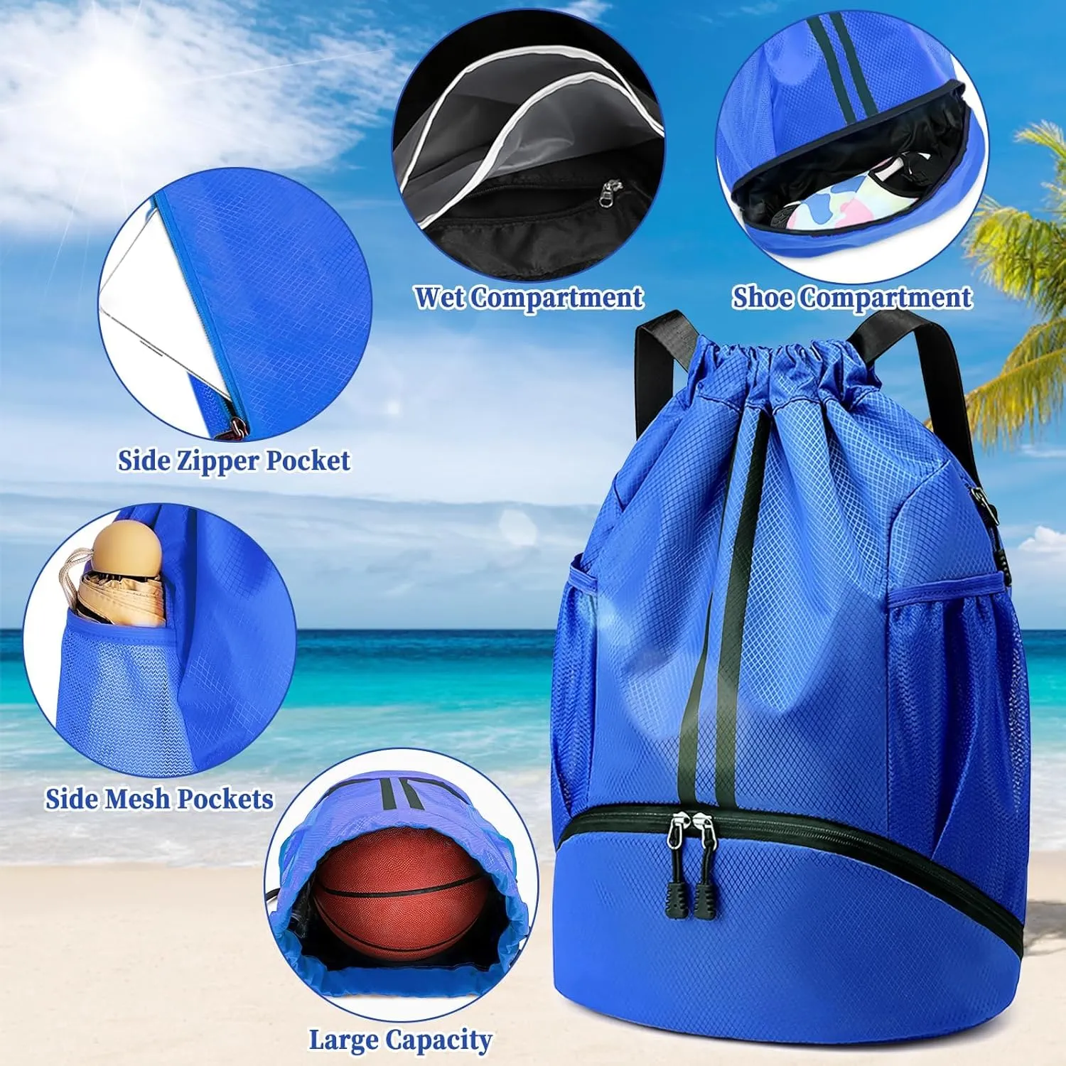 Drawstring Backpack Gym Bag for Men, String Bags Sports Cinch Sackpack with Shoe Compartment and Water Resistant Wet Pocket Large Gym Sack for Fitness Swim Basketball Soccer Beach (Blue)