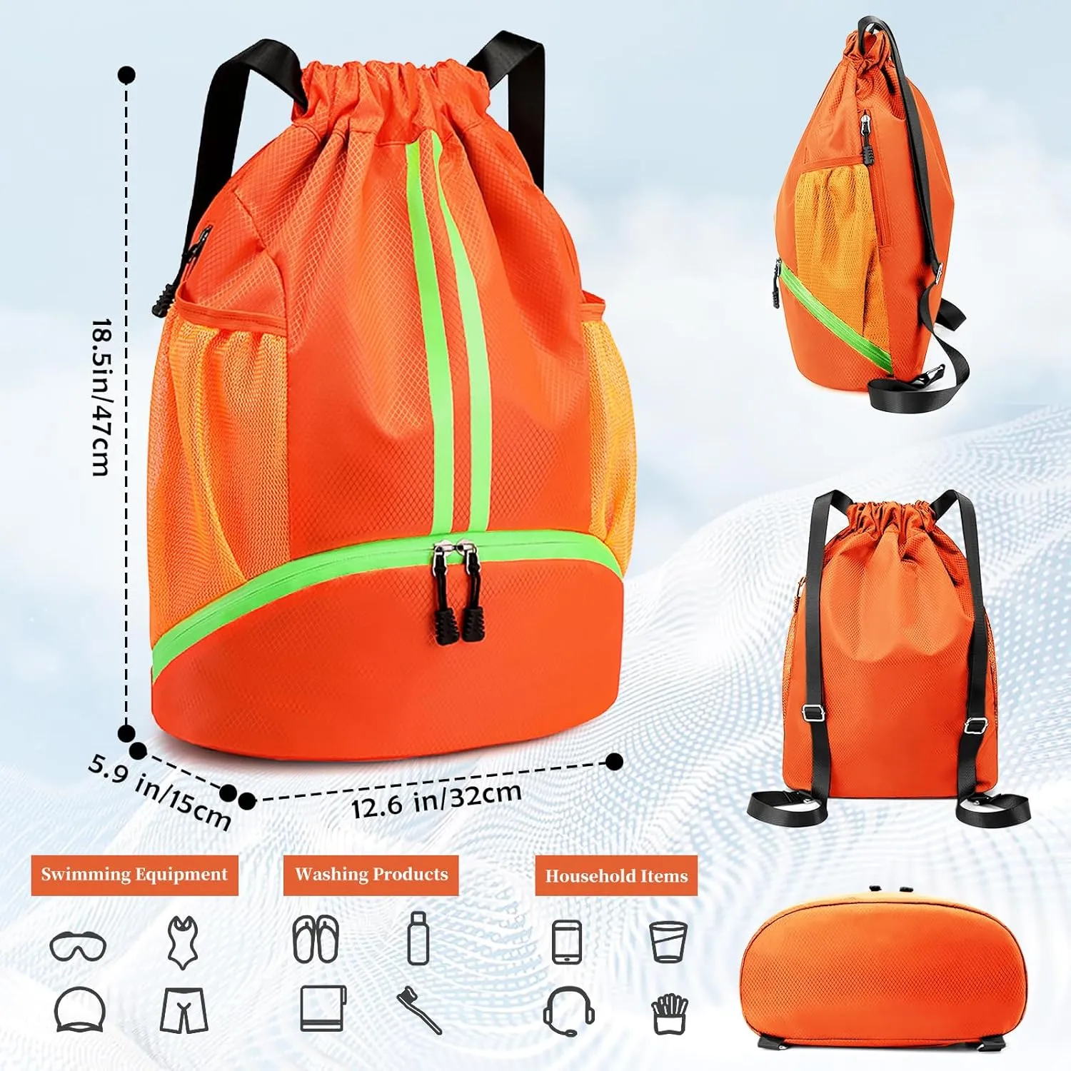 Drawstring Backpack Gym Bag for Women, String Bags Sports Cinch Sackpack with Shoe Compartment and Waterproof Wet Pocket Large Gym Sack for Fitness Swim Basketball Soccer Beach (Orange)