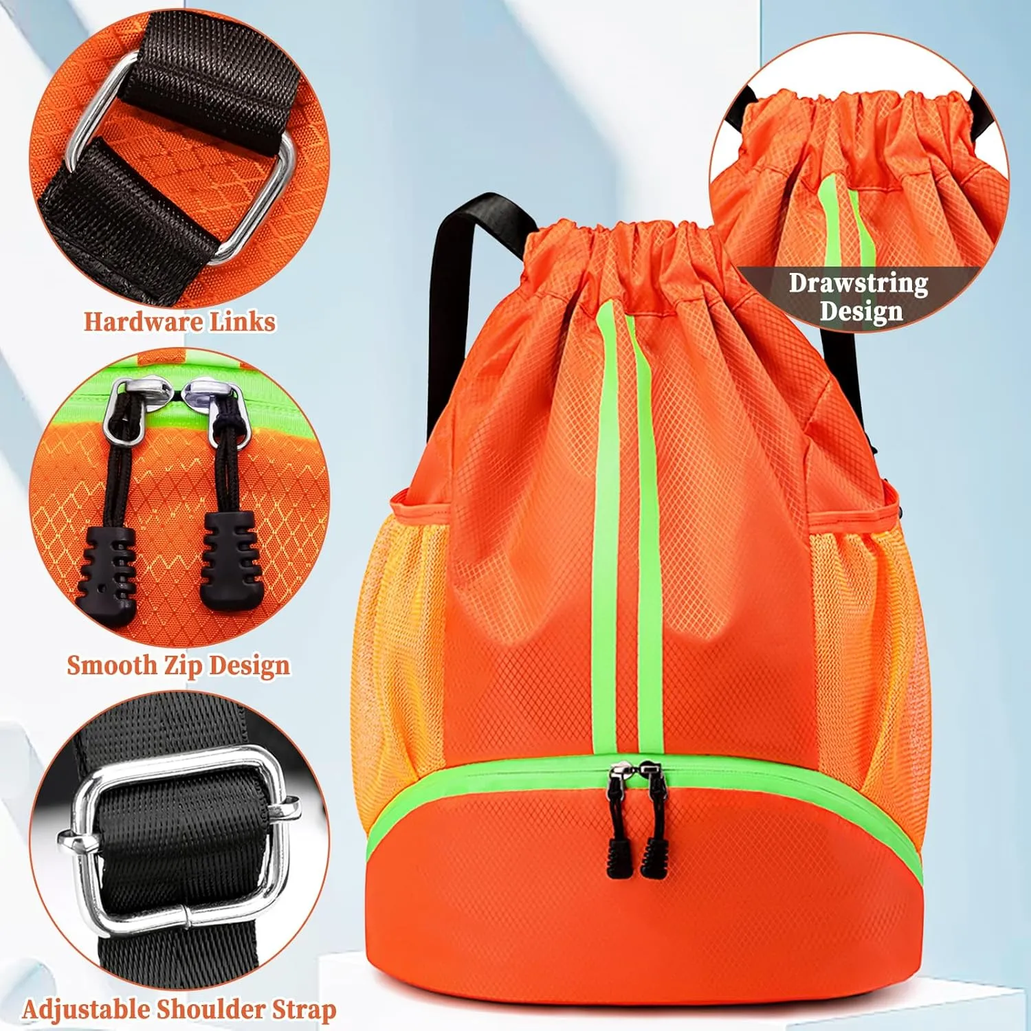 Drawstring Backpack Gym Bag for Women, String Bags Sports Cinch Sackpack with Shoe Compartment and Waterproof Wet Pocket Large Gym Sack for Fitness Swim Basketball Soccer Beach (Orange)