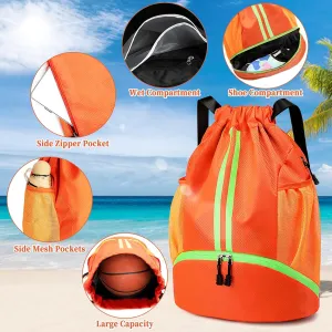 Drawstring Backpack Gym Bag for Women, String Bags Sports Cinch Sackpack with Shoe Compartment and Waterproof Wet Pocket Large Gym Sack for Fitness Swim Basketball Soccer Beach (Orange)