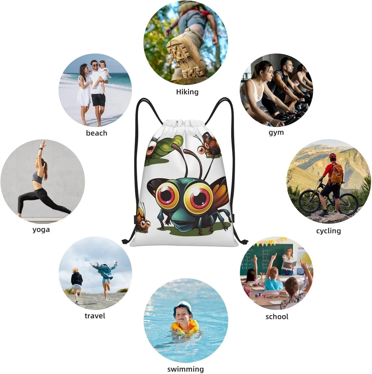 Drawstring Backpack Waterproof String Bag Cartoon Insect Sport Gym Sackpack Lightweight Cinch Bag