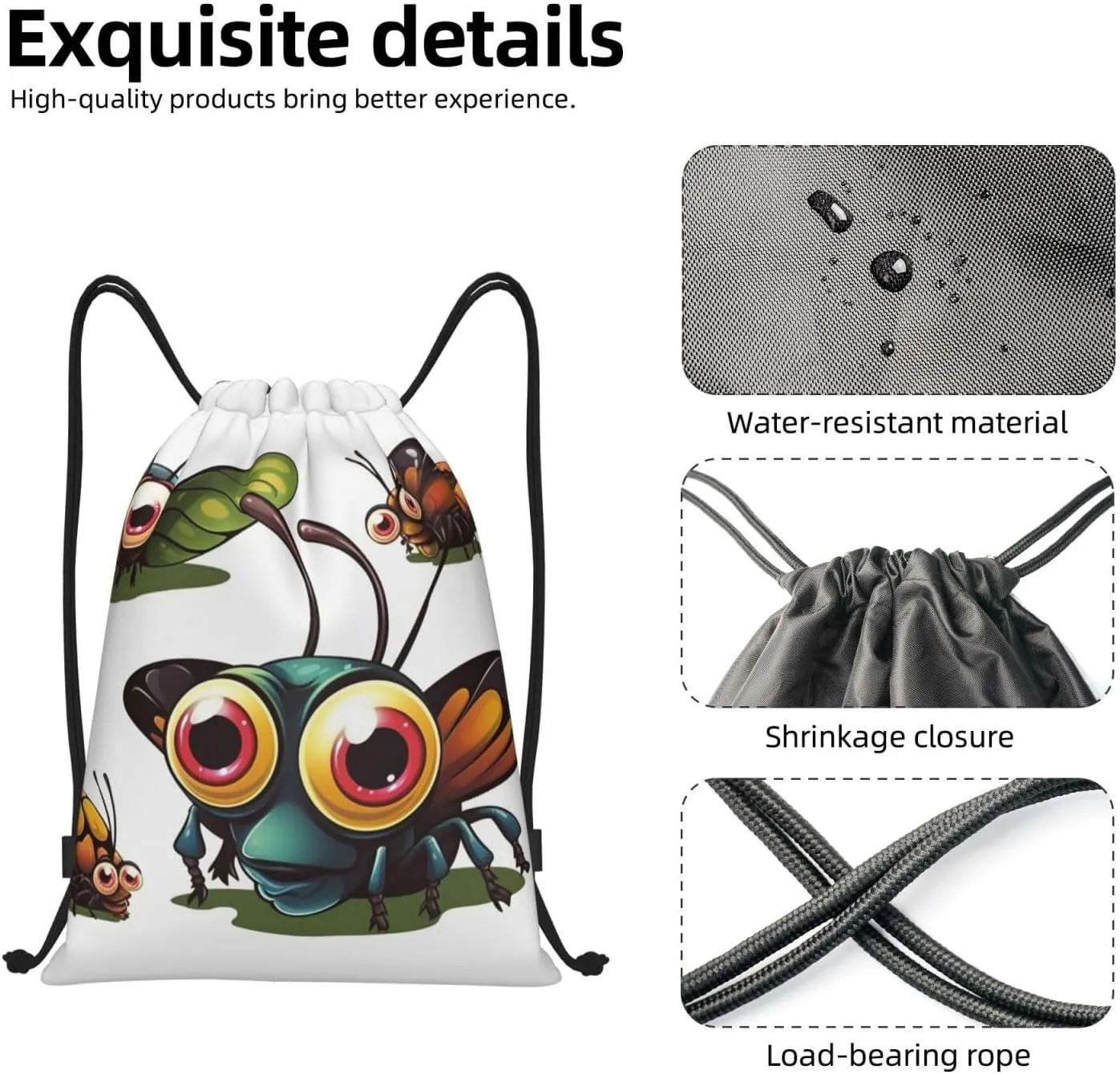 Drawstring Backpack Waterproof String Bag Cartoon Insect Sport Gym Sackpack Lightweight Cinch Bag