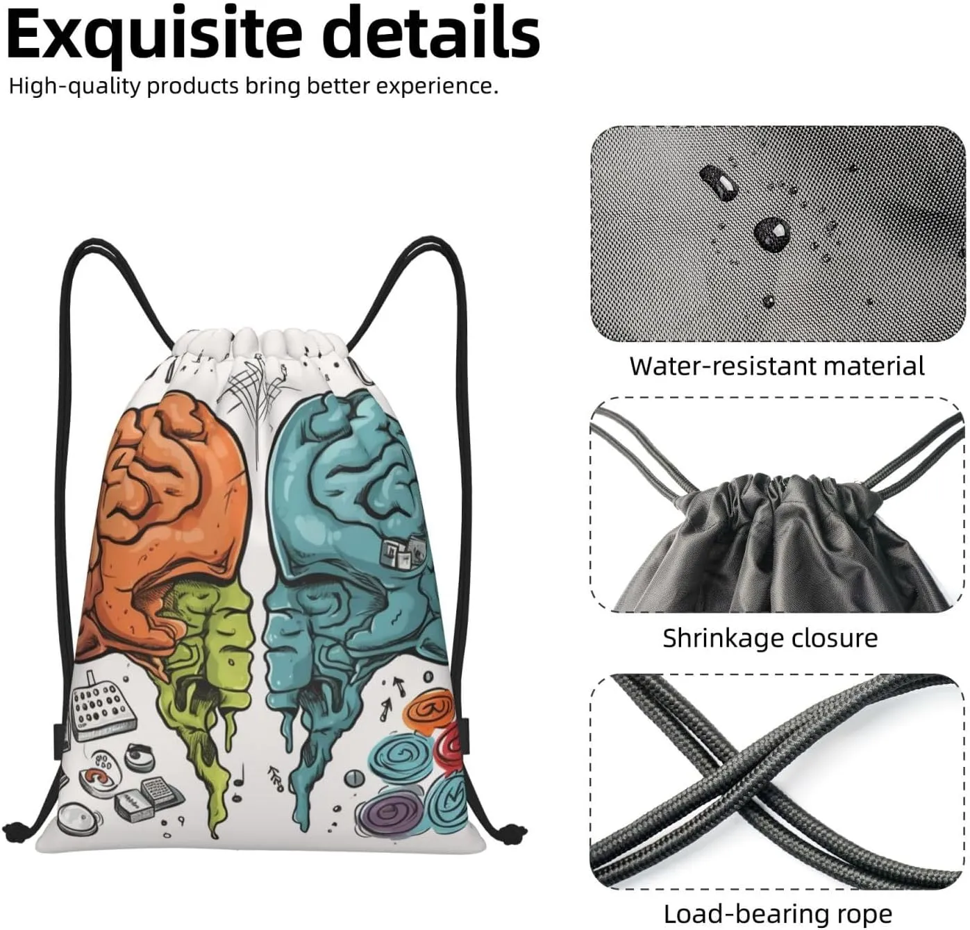 Drawstring Backpack Waterproof String Bag Left and Right Brain Functions Sport Gym Sackpack Lightweight Cinch Bag