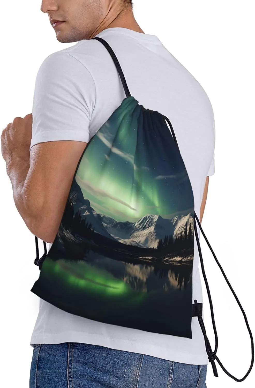 Drawstring Backpack Waterproof String Bag Northern Aurora Night Sport Gym Sackpack Lightweight Cinch Bag