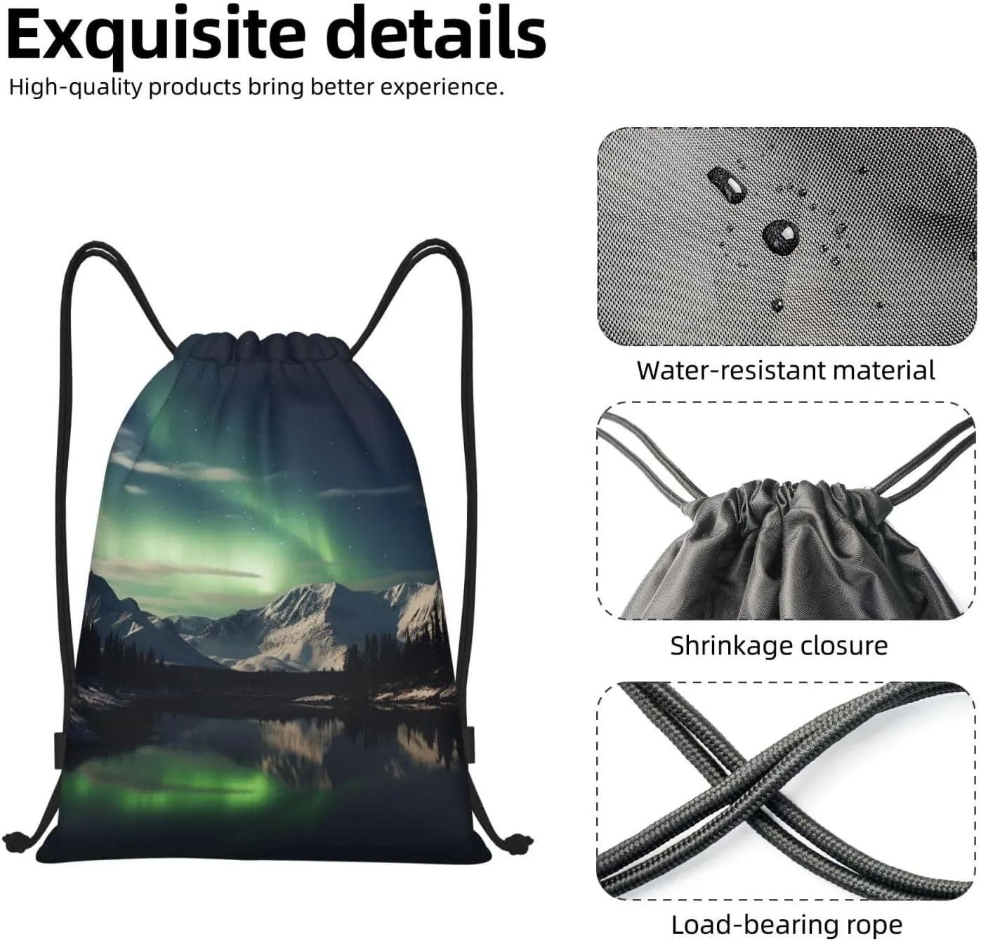 Drawstring Backpack Waterproof String Bag Northern Aurora Night Sport Gym Sackpack Lightweight Cinch Bag