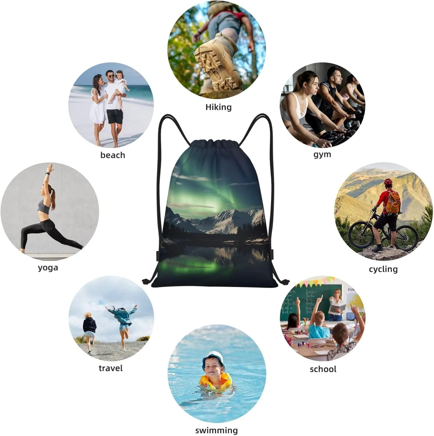 Drawstring Backpack Waterproof String Bag Northern Aurora Night Sport Gym Sackpack Lightweight Cinch Bag