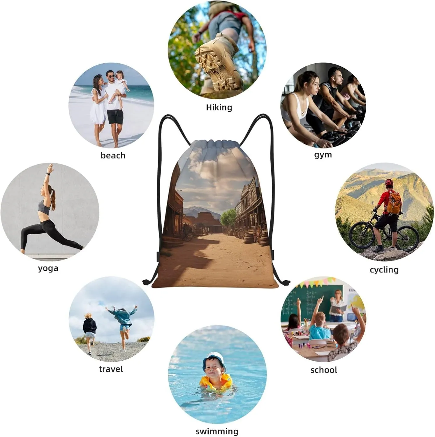Drawstring Backpack Waterproof String Bag Old Wild West Cowboy Town Sport Gym Sackpack Lightweight Cinch Bag