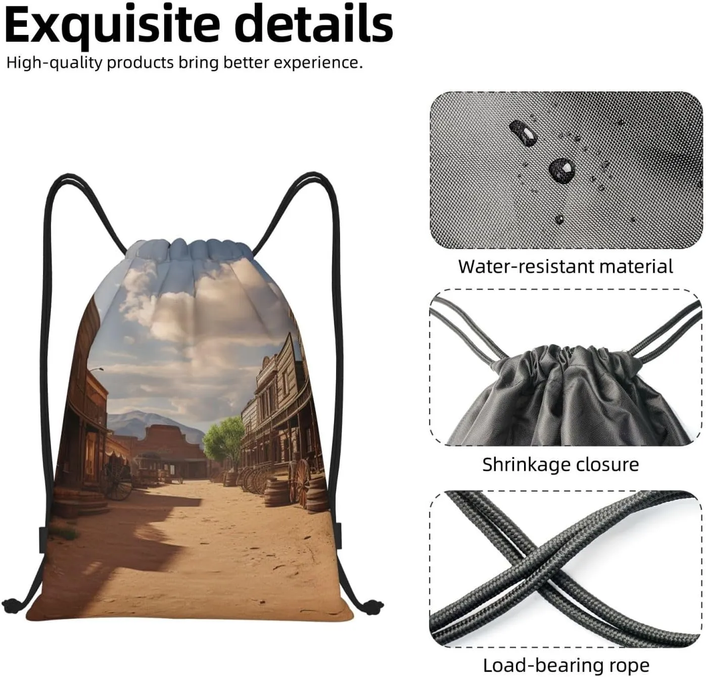 Drawstring Backpack Waterproof String Bag Old Wild West Cowboy Town Sport Gym Sackpack Lightweight Cinch Bag
