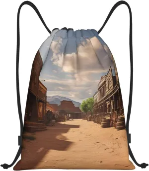 Drawstring Backpack Waterproof String Bag Old Wild West Cowboy Town Sport Gym Sackpack Lightweight Cinch Bag