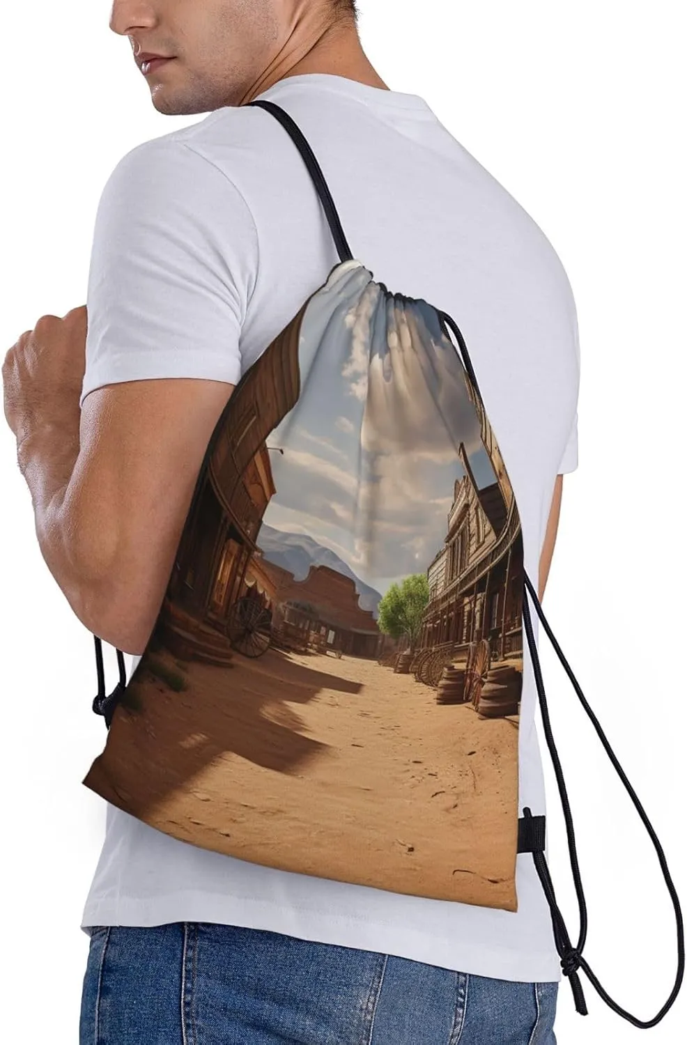 Drawstring Backpack Waterproof String Bag Old Wild West Cowboy Town Sport Gym Sackpack Lightweight Cinch Bag