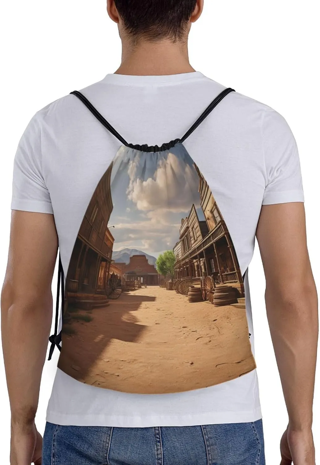 Drawstring Backpack Waterproof String Bag Old Wild West Cowboy Town Sport Gym Sackpack Lightweight Cinch Bag