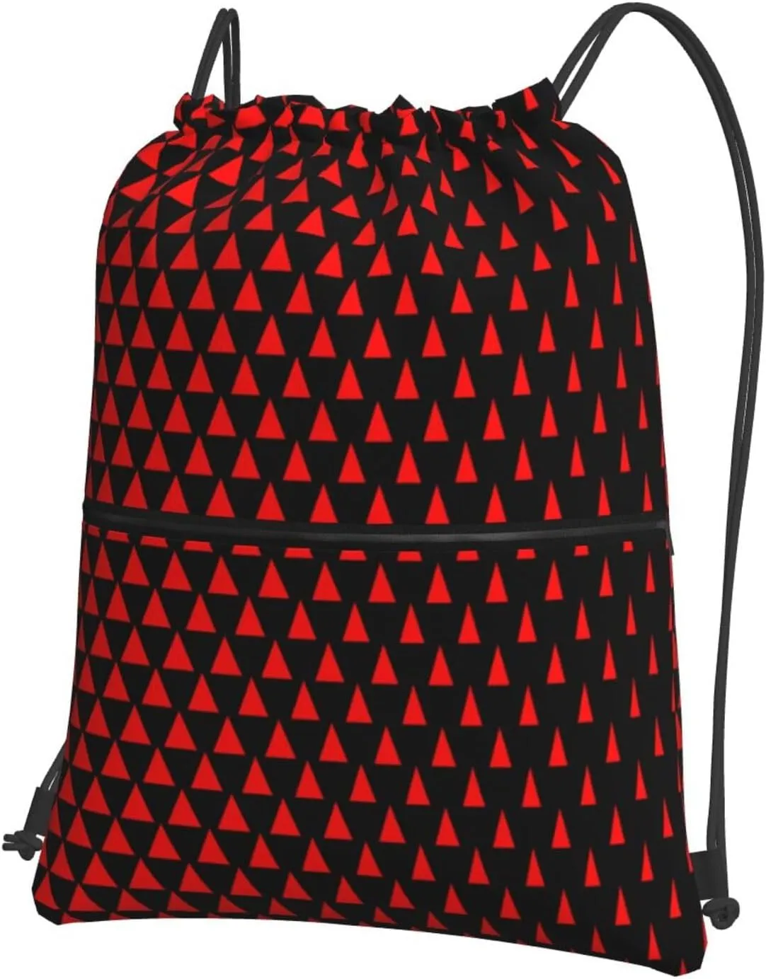 Drawstring Backpack with Zip Pockets, Red Triangle Matrix Print String Bag Lightweight Gym Sack, Hiking, Yoga