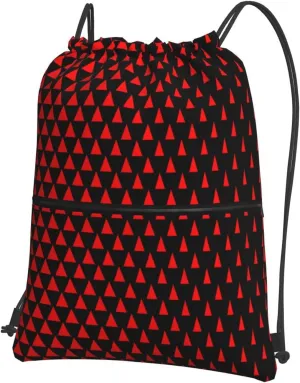 Drawstring Backpack with Zip Pockets, Red Triangle Matrix Print String Bag Lightweight Gym Sack, Hiking, Yoga