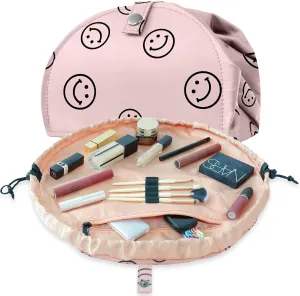 Drawstring Makeup Bag Open Lay Flat,Large Capacity Cosmetic Bag For Women Purse With Compartments,Travel Toiletry Bag Accessories Organize (Green) (pink)