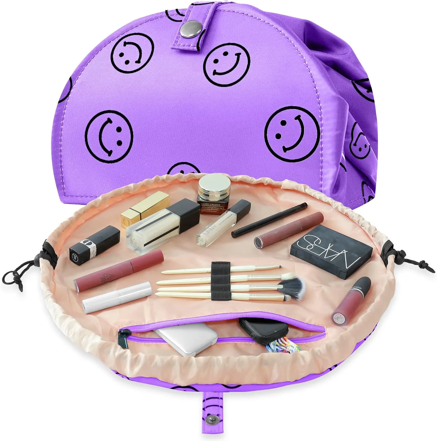 Drawstring Makeup Bag Open Lay Flat,Large Capacity Cosmetic Bag For Women Purse With Compartments,Travel Toiletry Bag Accessories Organize (purple)